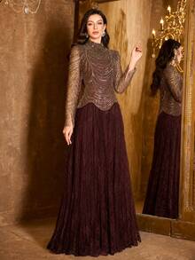 UNITHORSE [Random Cut] Women's Elegant Stand Collar Straight Long Sleeve Cuff Slit Sequin Embroidery Contrast Lace Formal Evening Gown Dress - Coffee Brown - View 2
