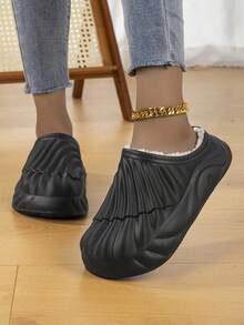 Solid Color Shell Casual EVA (Ethylene-Vinyl Acetate) Faux Fur Lined Slippers For Home, Vacation, Office, Autumn/Winter - Black - View 2
