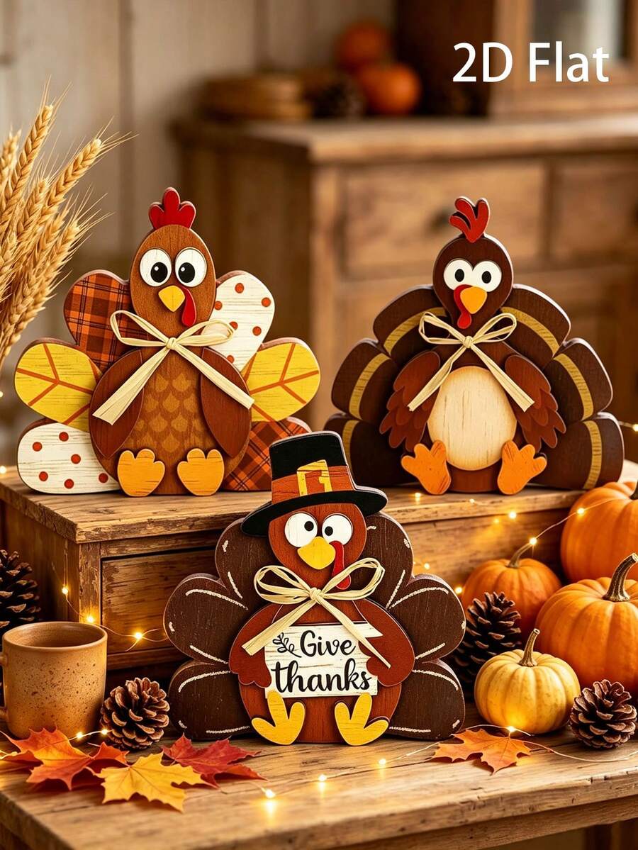 Thanksgiving Decorations For Home Turkey Table Centerpiece Rustic Signs Block Harvest Tabletop Fall Decor Indoor Tiered Tray Office Desk Shelf Mantel Kitchen Autumn Party Supplies - Multicolor - View 1