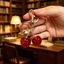 1pc Glitter Red Cherry Bag Charm Vintage 3D Fruit Keychain Women's Bag Accessory Small Gift - Red - View 4