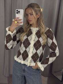 Women's Casual Brown And White Color Block Sweater, Autumn/Winter Style, Argyle Pattern Design With Ruffle Hem, Suitable For Outdoor Wear - Brown - View 8