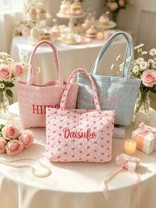 1pc Personalized Name Quilted Plaid Tote Bag, Customized Checkered Shoulder Bag, Bridesmaid Gift, Embroidered Name, Lightweight Shopping Handbag - Multicolor - View 4