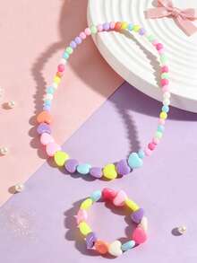 Set Perhiasan Kalung & Gelang Manik-Manik Hati Warna-warni (2pcs/Set), Hadiah Ulang Tahun Pesta Anak Perempuan yang Lucu, Cocok untuk Pemakaian Sehari-hari - Satu-Ukuran - View 2