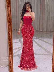 Women's Red Glitter Mermaid Evening Gown, Strapless Long Dress With Boned Design, Perfect For Prom And Formal Occasions - Red - View 4