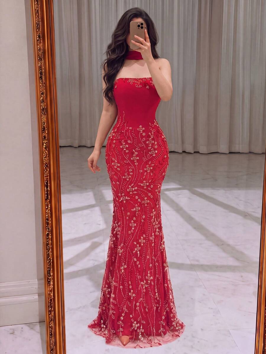 Women's Red Glitter Mermaid Evening Gown, Strapless Long Dress With Boned Design, Perfect For Prom And Formal Occasions - Red - View 1
