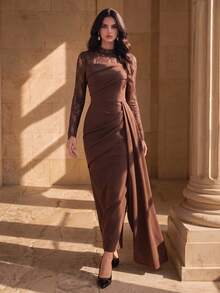Women's Lace Patchwork Pleated Waist Elegant Evening Gown Wedding Dress - Coffee Brown - View 2