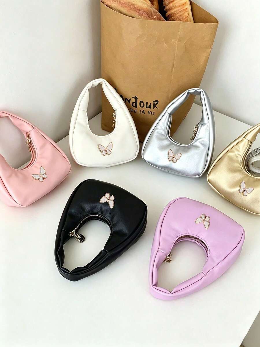Children's Sweet Butterfly Metal Decor Handbag, Soft Leather Versatile Crescent Bag, Cute Girl's Mini Hand-Carried Accessory Bag For Outings, Suitable For Daily Use - A - View 1