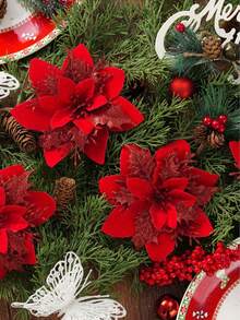 Glitter Poinsettia Christmas Tree Decoration Set - Suitable For Christmas Wreaths, Party Decor, Home Styling, Holiday Celebrations, And Gift Box Embellishments. - Dark Red - View 4