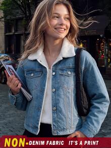 Women's Lambswool Lapel Short Jacket, Washed Distressed Drop Shoulder Loose Fit Thick Warm Workwear Jacket - Blue - View 7