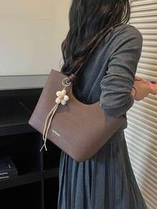 Tas Tote Bertekstur Elegan dengan Detail Pegangan Simpul, Dekorasi Liontin Bunga Rajutan yang Lucu, Tas Bahu Wanita Kapasitas Besar untuk Perjalanan Sehari-hari - MultiWarna - View 4