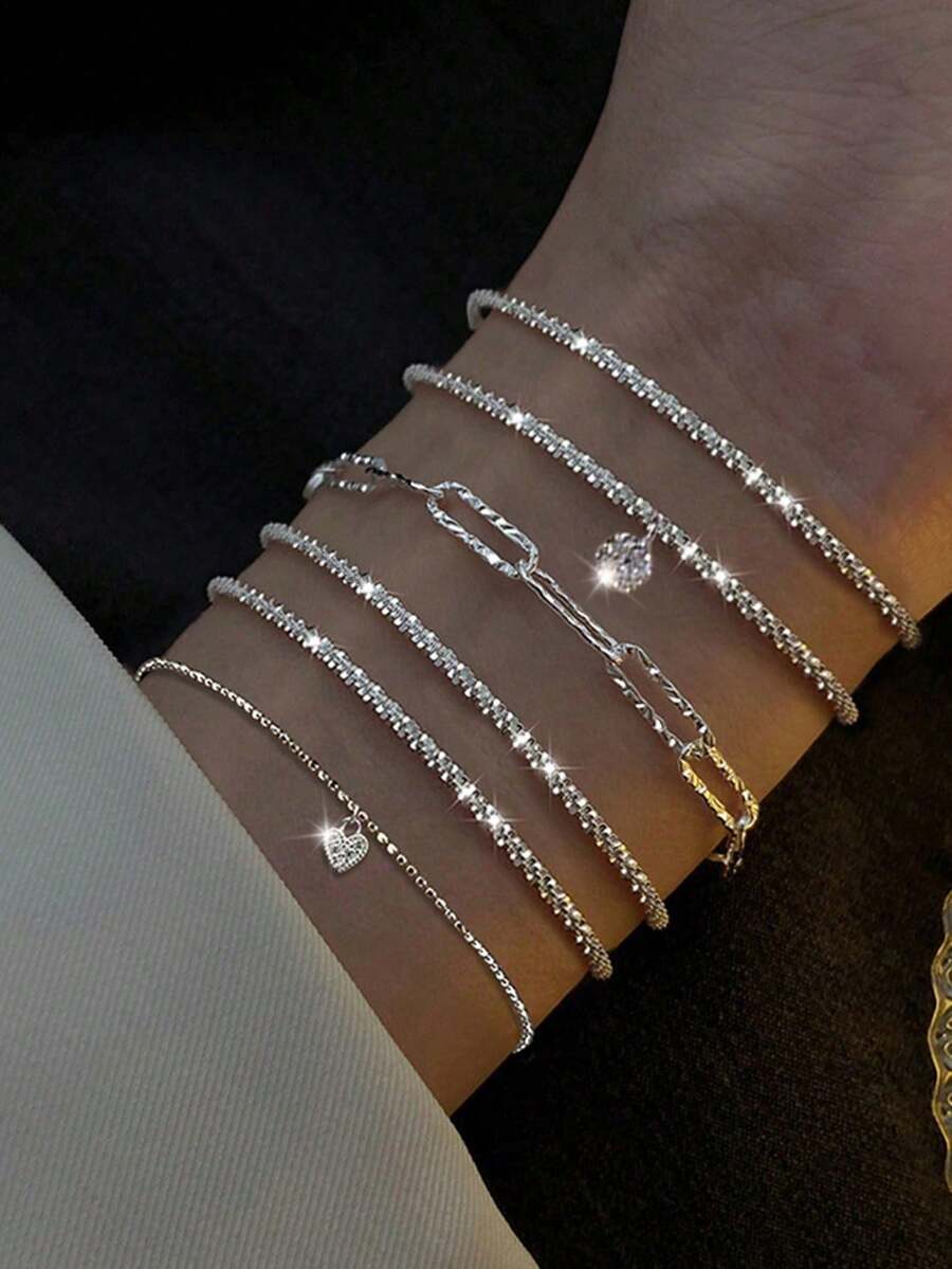 Juego de 6 pulseras con cadena de amor simple y strass para mujer, regalo para vacaciones, citas y Día de San Valentín - Plateado - Ver 1