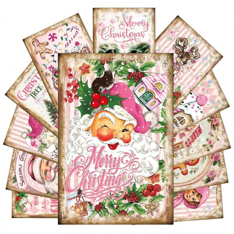 12pcs Pink Christmas Theme Postcards - Santa, Reindeer, Snowman & Festive Designs Holiday Wall Collage Kit For Home Room Decor, Christmas Greeting Card Without Envelope, Xmas Decorative Cards - A - View 1