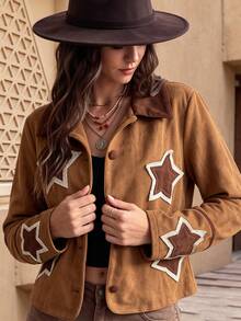 Bohemian Vintage Suede Star Patchwork Lace Design Casual Holiday Festival Jacket - Brown - View 3