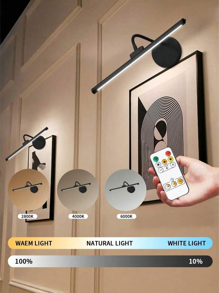 Rechargeable Indoor Wall Lamp, Painting Light With Remote Control, 3 Color Temperatures And Dimming Options, Wireless Picture Light, Adjustable Brightness And Timer Art Lamp,Makeup Mirror Light,Suitable For Bedroom Reading,Office Desk Display 1800mAh