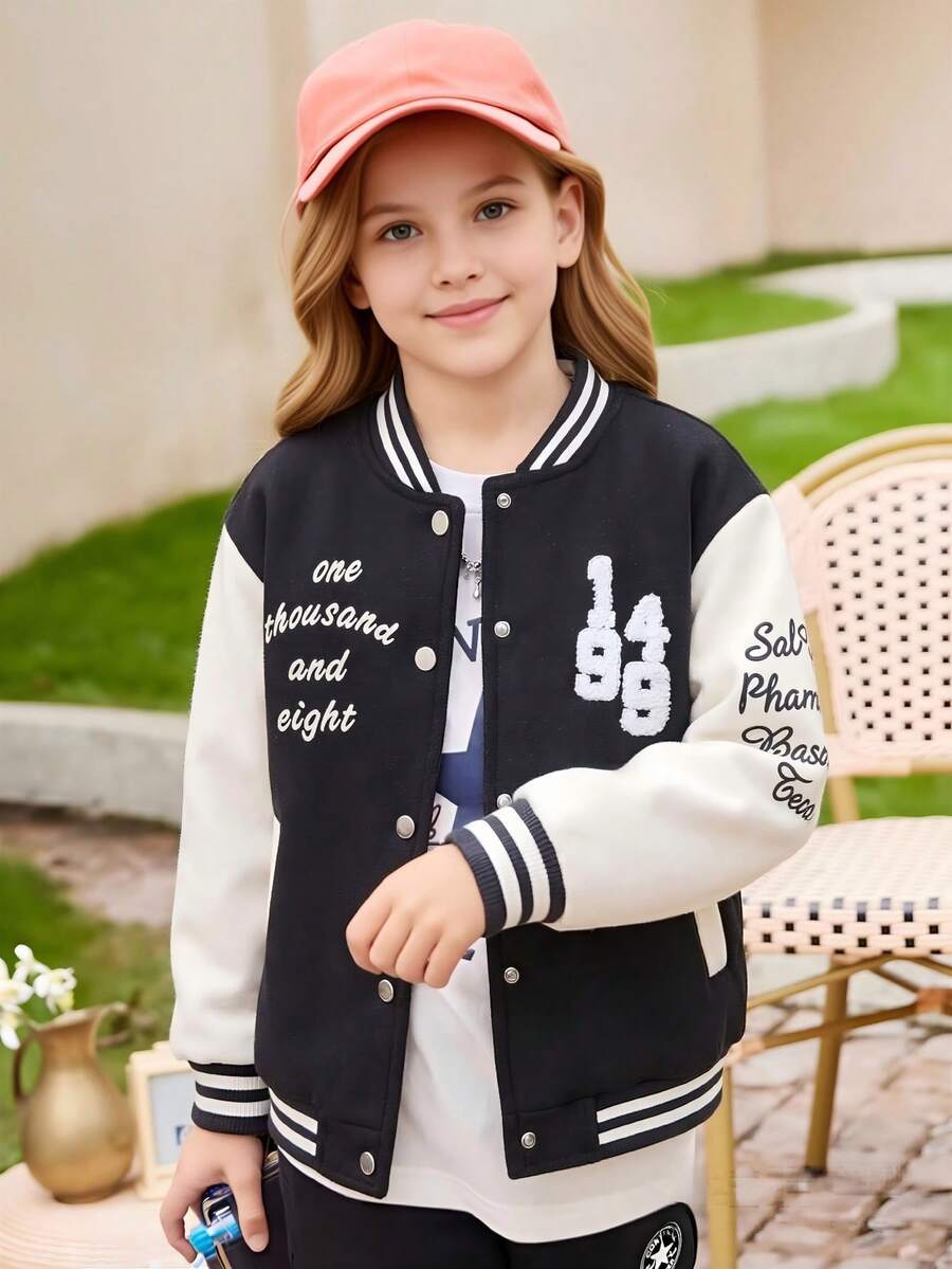 Áo khoác bóng chày varsity nữ phối màu chữ patchwork, cổ kẻ sọc, cài nút trước, mùa thu - Màu be - Xem 1