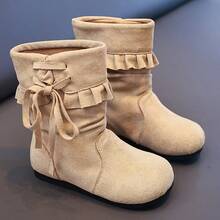 Girls' Loose Ruffle Mid-Calf Boots, Sweet Lace-Up Winter Boots, Soft Matte Fabric Upper, Non-Slip Sole, Toddler Children Shoes - Beige - View 4