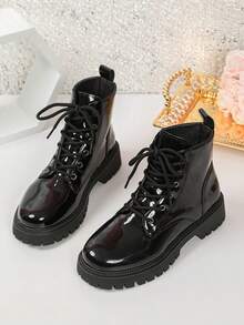 Glossy Black PU Thick Heel Ankle Boots & Round Toe Boots - Lace-Up Closure Design, Round Toe, Rubber Sole - Shiny Dress Boots Suitable For Various Occasions, Applicable For Casual Outfits - Black - View 7