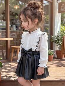 Baby Girl Spring/Autumn Black & White Sweet & Spicy Style Ruffle Collar Flounce Hem Shirt-Style Top With Color Block Faux Leather Big Bow A-Line Skirt Long Sleeve Dress - Black - View 2