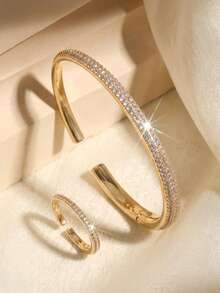 rakol 2pcs/Set Minimalist Half-Circle Zirconia Inlaid Gold-Tone Open Bangle & Ring Set, Suitable For Daily Casual Wear Accessories - C-shaped Gold - View 1