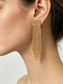 G-S 1 Pair Women's Tassel Earrings, Medium Length, White Diamond White Steel Color Rhinestone Inlaid, Shiny Fashion Party Versatile - Champagne - View 1
