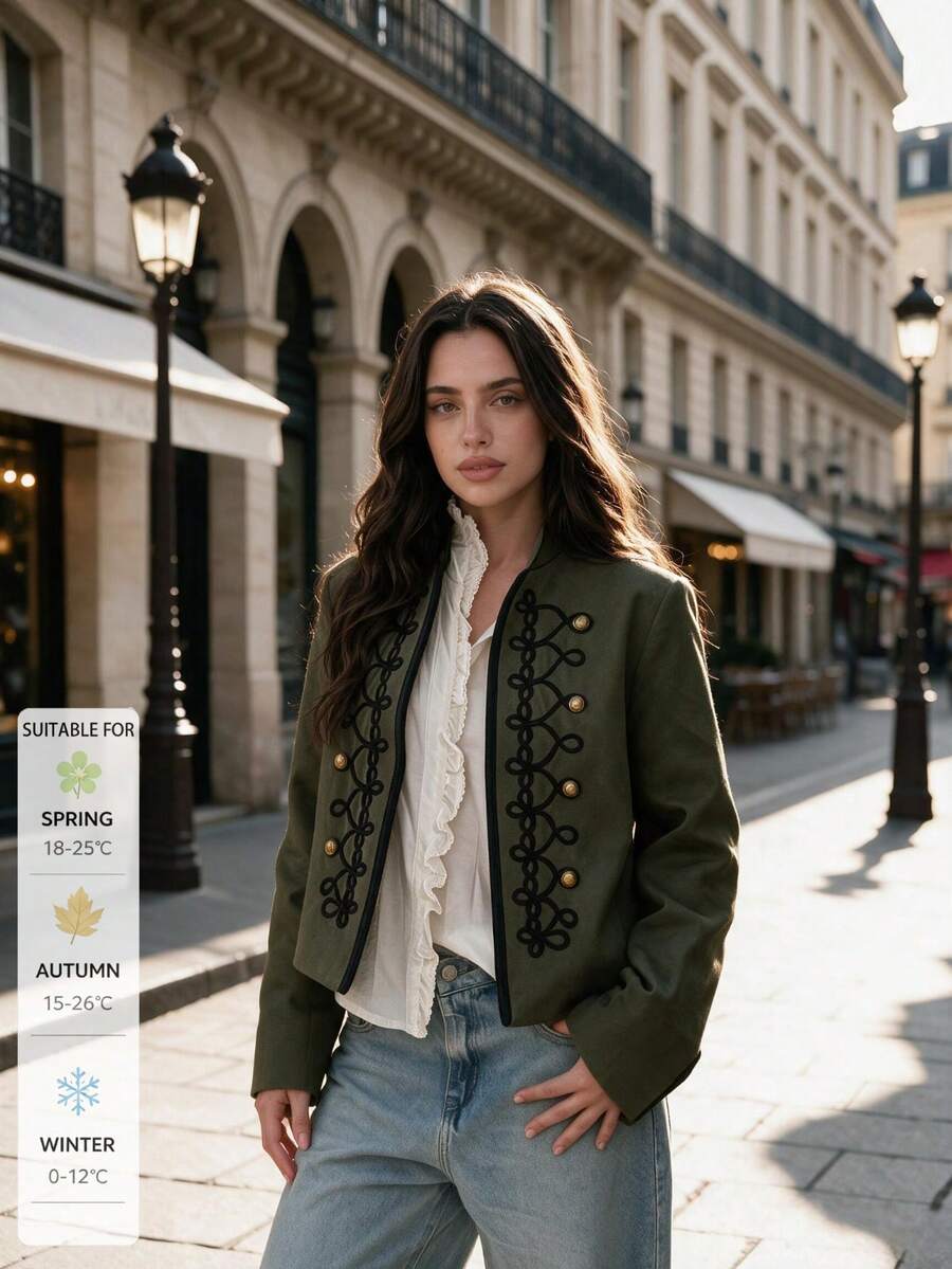 SUNSTORY Women's Autumn Army Green Stand Collar Black Braided Rope Embroidery Gold Button Short Jacket, Suitable For Commuting, Outing, Halloween, Dating