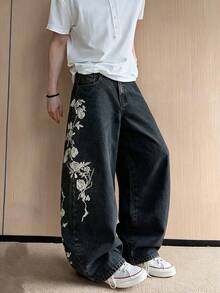 Korean Style Minimalist Men's Black Denim Jeans With Exquisite Side Embroidery, Wide Leg, Versatile Casual Loose Fit Non-Stretch All Season Long Pants 1pc | Belt & Accessories Not Included - Black - View 3