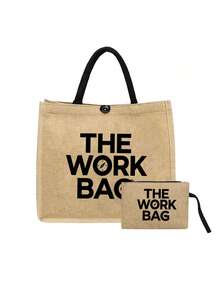 大容量工作托特包套組，黑色字母「THE WORK BAG」，多功能收納包，極簡風格專業女性托特包，休閒日常與商務旅行包，新工作祝賀禮物，獨特聖誕禮物，亞麻手柄托特包與手提帶化妝包，旅行、度假、野餐、超市購物、日常攜帶，生日禮物，返校季，女性時尚帆布拉鍊手提包－優質購物選擇 - 彩色 - 查看 11