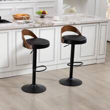 Set Of 2 360° Swivel Bar Stools / Retro-Style Bar Stools / With PU Leather Seat Cushion / Oversized Footrest Design / Easy To Assemble / Suitable For Kitchens, Restaurants, Bars - Black - View 2