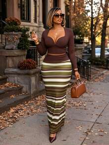 Aliling Autumn/Winter Casual Fashion Solid Color Long Sleeve Sweetheart Collar Crop Top + Contrast Striped Print Split Hem Long Skirt 2 Pieces Set, High Elastic Knit Fabric, Suitable For Home, Outings, Gatherings - Green-brown - View 2