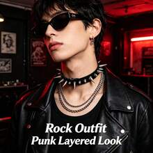 1pc Fashion Unisex Cool Punk Gothic Metal Rivet Chain Leather Choker Necklace - Black - View 5