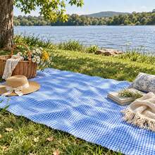 Blue & White Plaid Picnic Mat, Outdoor Cream Style Waterproof Camping Mat, Portable Foldable Grass Pad For Outings - Blue Plaid - View 2