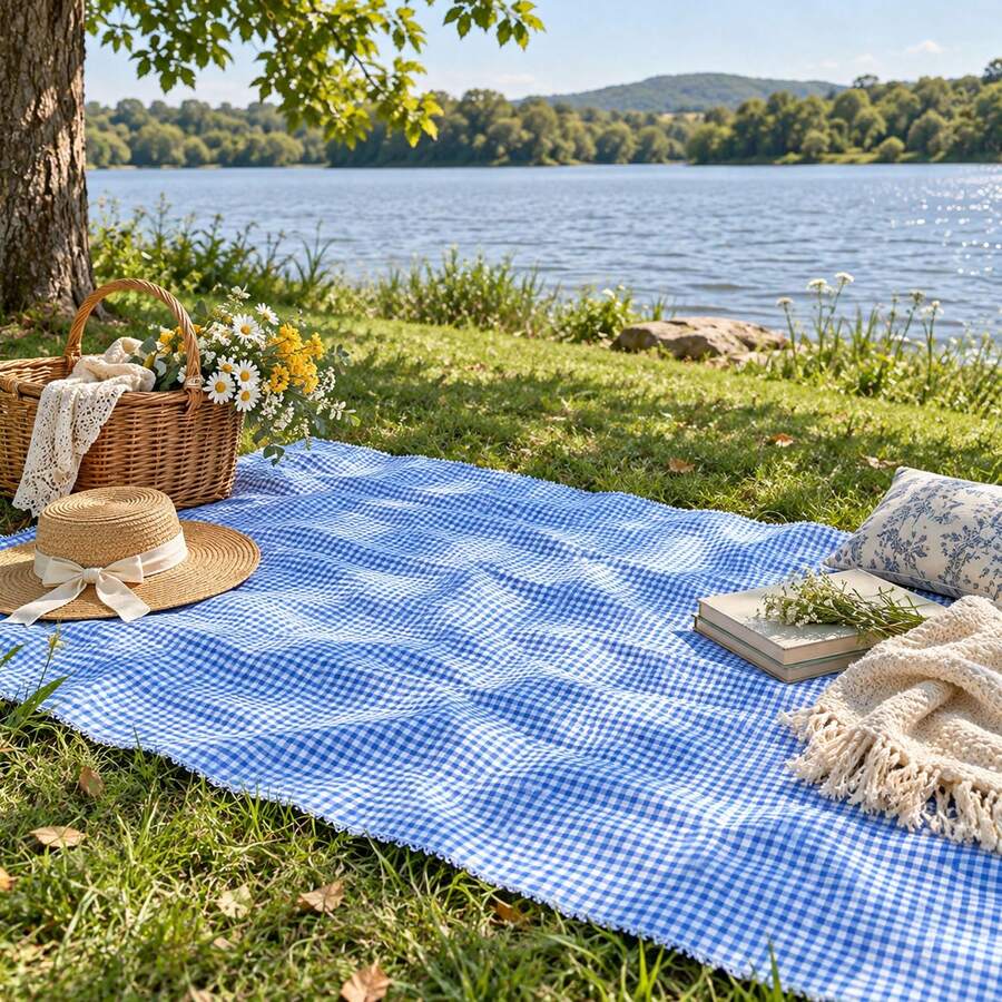 Blue & White Plaid Picnic Mat, Outdoor Cream Style Waterproof Camping Mat, Portable Foldable Grass Pad For Outings - Blue Plaid - View 1