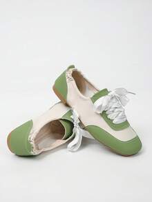 XfLadies' Color Blocked Flat Casual Shoes With Elastic Pleats At The Heel, Suitable For Casual Daily/Commuting/Shopping/Travel Wear. - Green - View 1