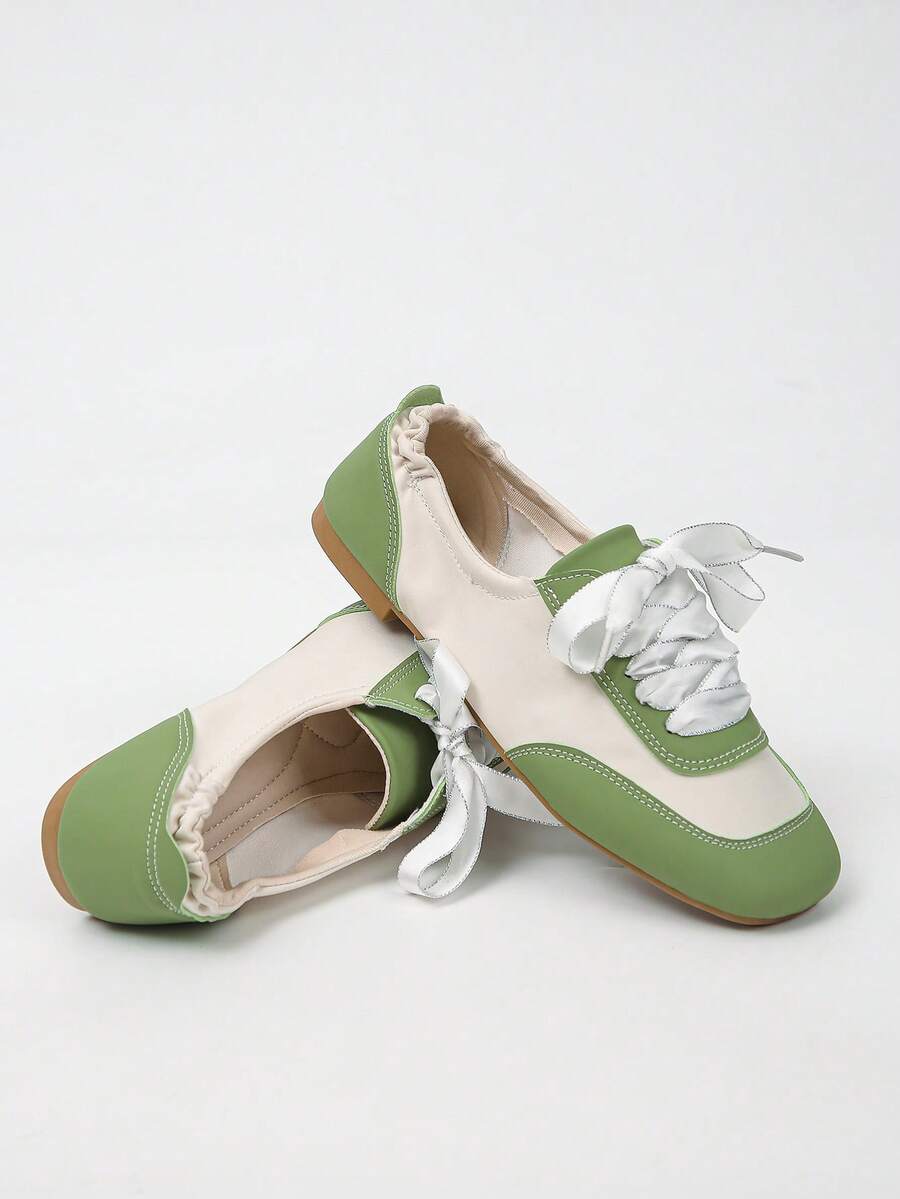 XfLadies' Color Blocked Flat Casual Shoes With Elastic Pleats At The Heel, Suitable For Casual Daily/Commuting/Shopping/Travel Wear. - Green - View 1