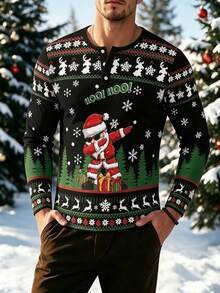 Men's Autumn/Winter Christmas Party Santa Claus Snowflake Reindeer Button Collar Long Sleeve T-Shirt - Multicolor - View 4