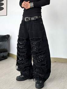 Hearty Haven 1pc Men's Distressed Denim Jeans Loose Beaded Patchwork Wide Leg Pants Casual All Season Comfortable Long Pants - No Belt And Accessories - Black - View 6