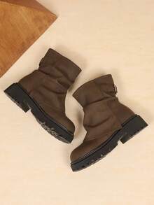 1 Pair Women's Rusty Brown Ruched Mid-Calf Boots, Y2K Hot Girl Style, Soft Comfortable PU Material, Round Toe, Platform Thick Sole, Suitable For School, Work, Commute, Shopping, Vacation, Outdoor Wear, Autumn/Winter New Style - Rust Brown - View 5