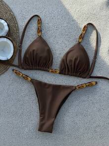 Bikinx Elegant Women's Spaghetti Strap Bikini Set, With Beaded Details And Tie-Up Bottom, High Elasticity Backless Swimsuit - Coffee Brown - View 5