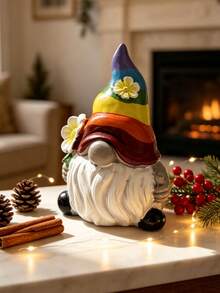 Halloween Desktop Decoration, Resin Rainbow Statue, Cute Faceless Statue With Rainbow Hat And Flowers, Home Dining Table Decoration Desktop Decoration, Holiday Party Center Gift - Rainbow Santa Claus - View 9