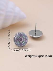 YUJUGLOW 1 Pair Bohemian Mandala Pattern 316 Stainless Steel Round Stud Earrings For Women Daily Wear - Purple - View 5