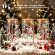 Christmas 1pc/5pcs 16oz Clear Glass Cup With Red Bow And Leaf Christmas Pattern, Bamboo Lid And Glass Straw, Crystal Clear Texture, Suitable For Daily Use And Holiday Parties - Multi-color - Christmas Ribbon - View 7