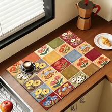 [New Thickened]Kitchen Dish Drying Mat, Dining Table Mat, Absorbent Mat, Countertop Dish Mat, No-Wash Table Mat, Bowl & Plate Drying Mat, 3.6mm Thickness - Floral Small Checkered a - View 2