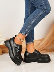 Women's New All-Season Thick Sole Loafers, Round Toe Slip-On, Minimalist Fashion Campus Style, Solid Color - Black - View 3