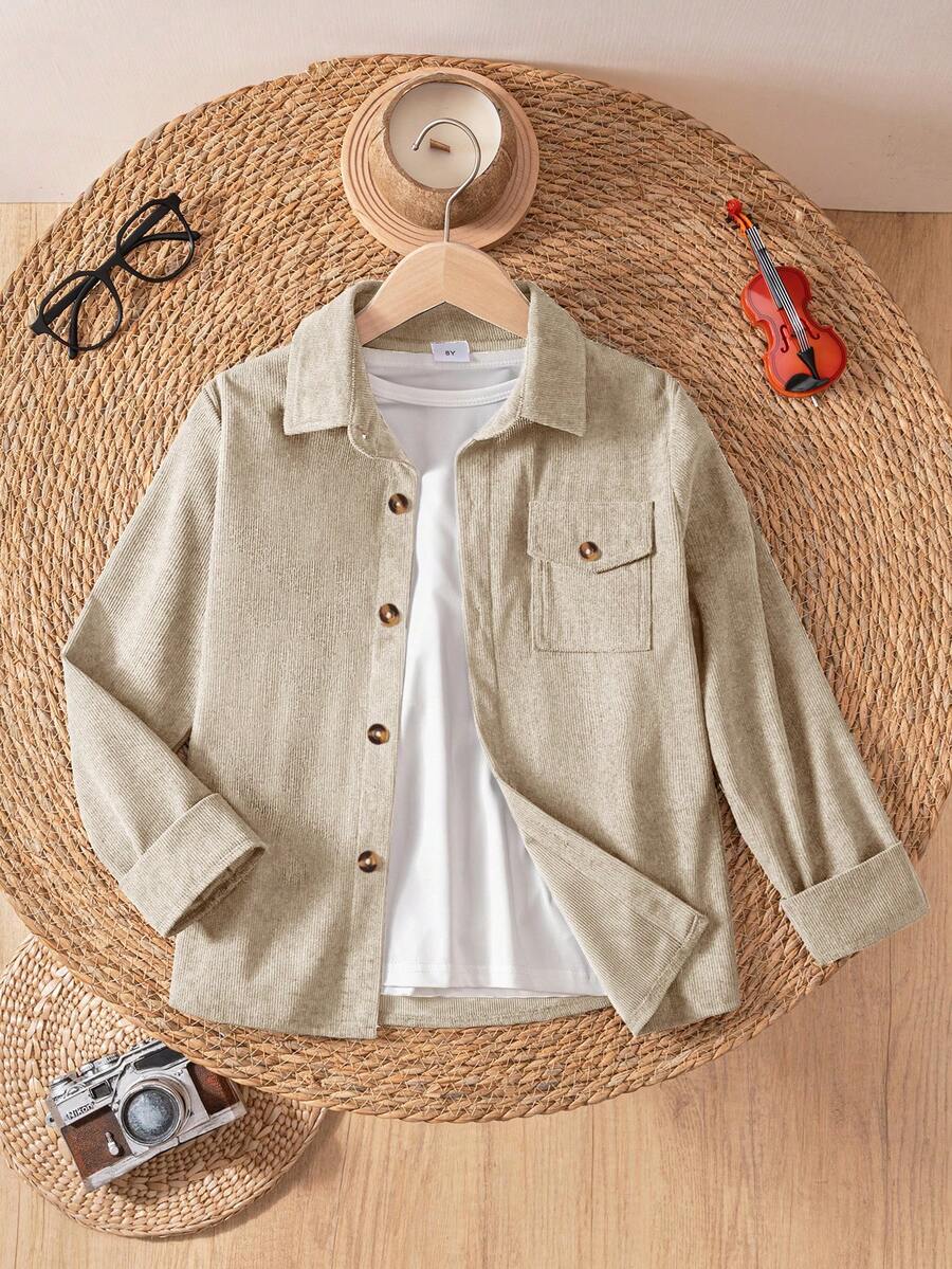 Young Boy Casual Corduroy Long Sleeve Shacket, Apricot Color - Apricot - View 1