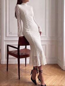 Unadoll Women Fall Winter Cream Lace Mermaid Midi Dress Mock Neck Flare Long Sleeve Bodycon Party Dress For Dating Cocktail Gathering - White - View 4