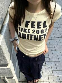 Letter Print Round Neck Fitted Short Sleeve T-Shirt For Women, Summer Casual, Streetwear - Apricot - View 6