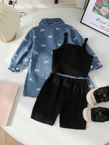 3pcs Baby Girl Vintage Casual Printed Long Sleeve Denim Jacket, Black Camisole Top And Shorts Set, Lightweight For Spring And Autumn - Light Wash - View 3