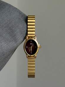 1件金色橢圓形女款石英手錶，深紅色錶盤配羅馬數字刻度，小巧優雅，適合日常佩戴 - 金色 - 查看 3