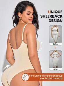 Women's Minimalist Solid Color Tummy Control Waist Shaping Bodysuit, Suitable For Layering And Innerwear - Apricot - View 2
