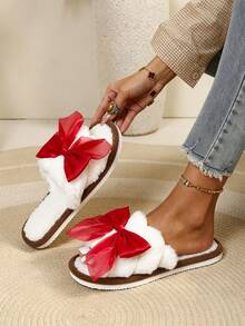 Sweet Pink Large Bow Plush Slippers Women Autumn Winter Warm Indoor Open Toe One-Strap Fuzzy Slippers - Red - View 4